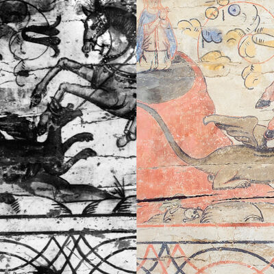 Links ist auf dem Detail der historischen Schwarz-Wei-Aufnahme von 1936 ein durch seine Beinstellung angriffslustiger Drache zu erkennen. Die rechte Abbildung zeigt im aktuellen Zustand hingegen einen kauernden Drachen.